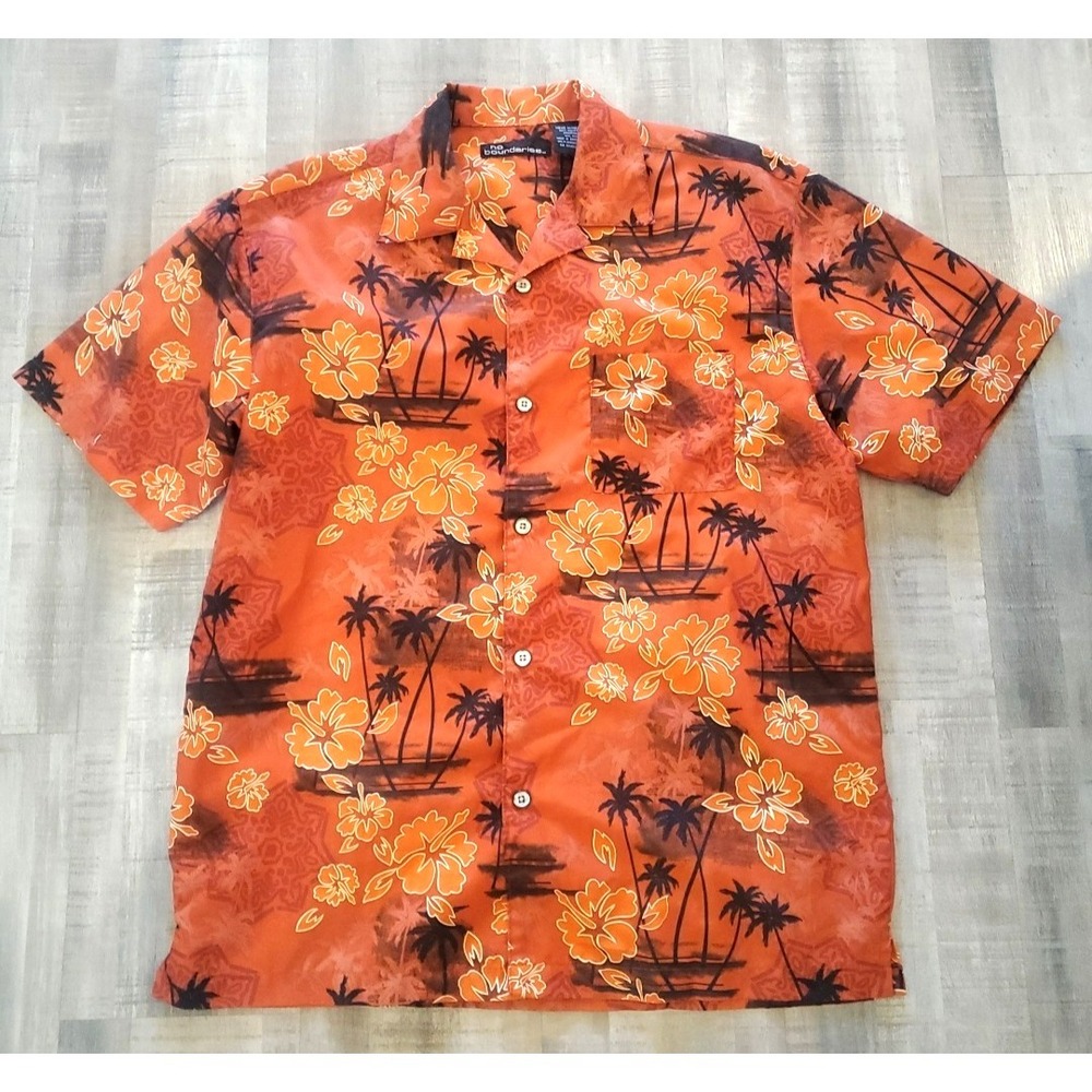 90s Y2K No Boundaries Hawaiian Shirt Men Med Orange‎ Black Floral Leaf Aloha VTG